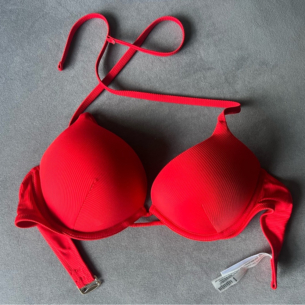 ❤️ NEW Victoria's Secret Red Ribbed Bombshell Push Up Bikini Top 34C medium